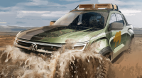A pick-up truck ventures through a mud batch in the African outback